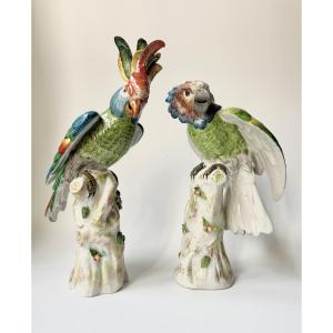 Paire de perroquets perchés en porcelaine de Paris (Bourdois & Bloch) H36