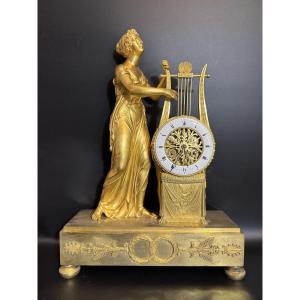 Empire Clock In Gilded Bronze "muse With Lyre" Allegory Of Music