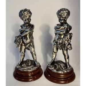 Louis KLEY - Comédie et Tragédie - 2 enfants Bronze argenté - Putti