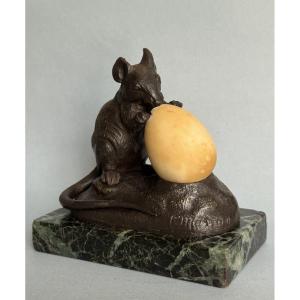 Souris à l’œuf par Clovis Masson - Sculpture bronze animalier