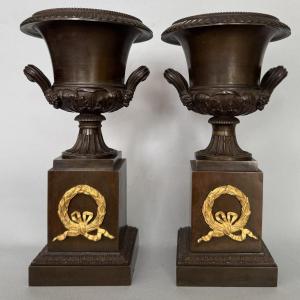 Pair Of Empire Bronze Vases Or Cassolettes With Medici Vases