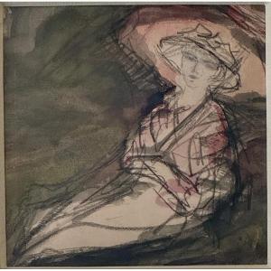 Dessin - Portrait de femme par Pierre LAPRADE - Gouache