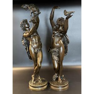 Paire de sculptures en bronze "Faune au chevreau" & "Femme à la colombe" par GUMERY 