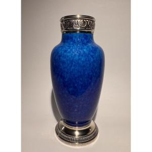 Vase en porcelaine bleue monté argent Minerve - Paul MILET à Sèvres
