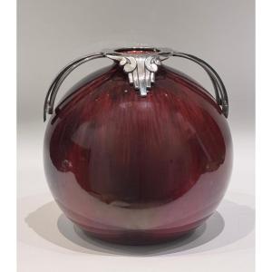 Vase boule sang de bœuf flammé - Bronze argenté ArtDéco - Paul MILET à SEVRES