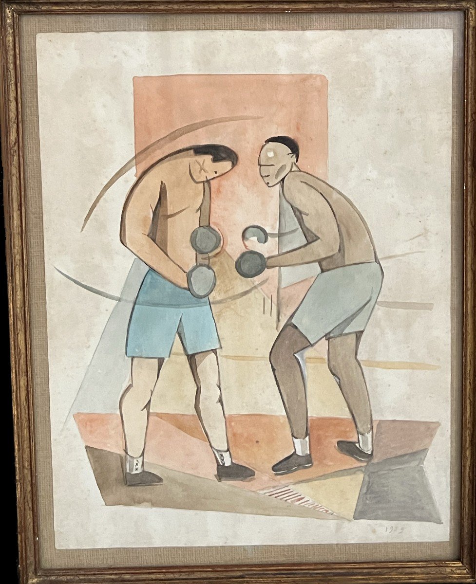 Ecole Française Du XXème Siècle - Combat De Boxe, 1929 - Paire d'Aquarelles cubisantes-photo-2