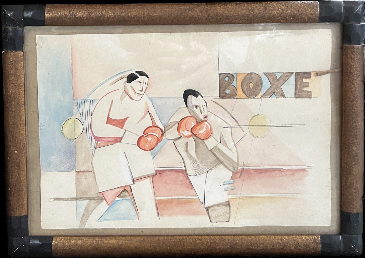 Ecole Française Du XXème Siècle - Combat De Boxe, 1929 - Paire d'Aquarelles cubisantes-photo-3