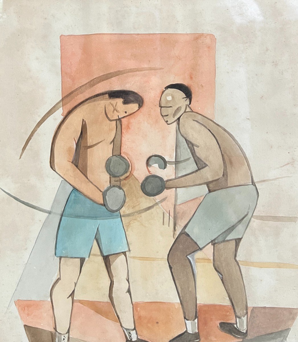 French School Of The 20th Century - Boxing Fight, 1929 - Pair Of Cubizing Watercolors-photo-4