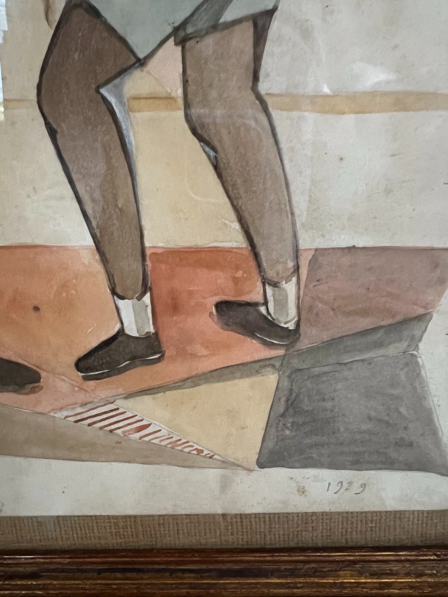 French School Of The 20th Century - Boxing Fight, 1929 - Pair Of Cubizing Watercolors-photo-1