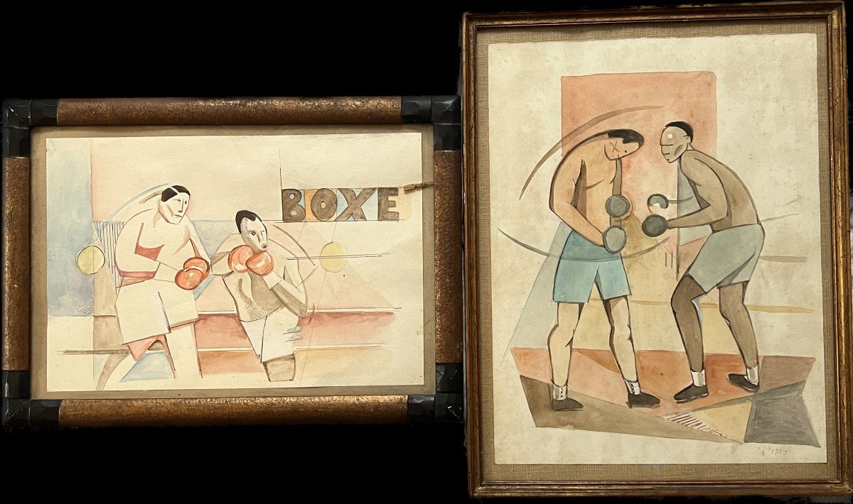 Ecole Française Du XXème Siècle - Combat De Boxe, 1929 - Paire d'Aquarelles cubisantes