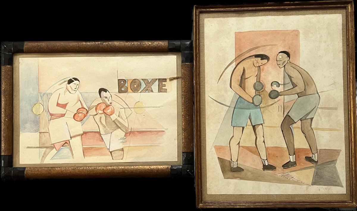 French School Of The 20th Century - Boxing Fight, 1929 - Pair Of Cubizing Watercolors