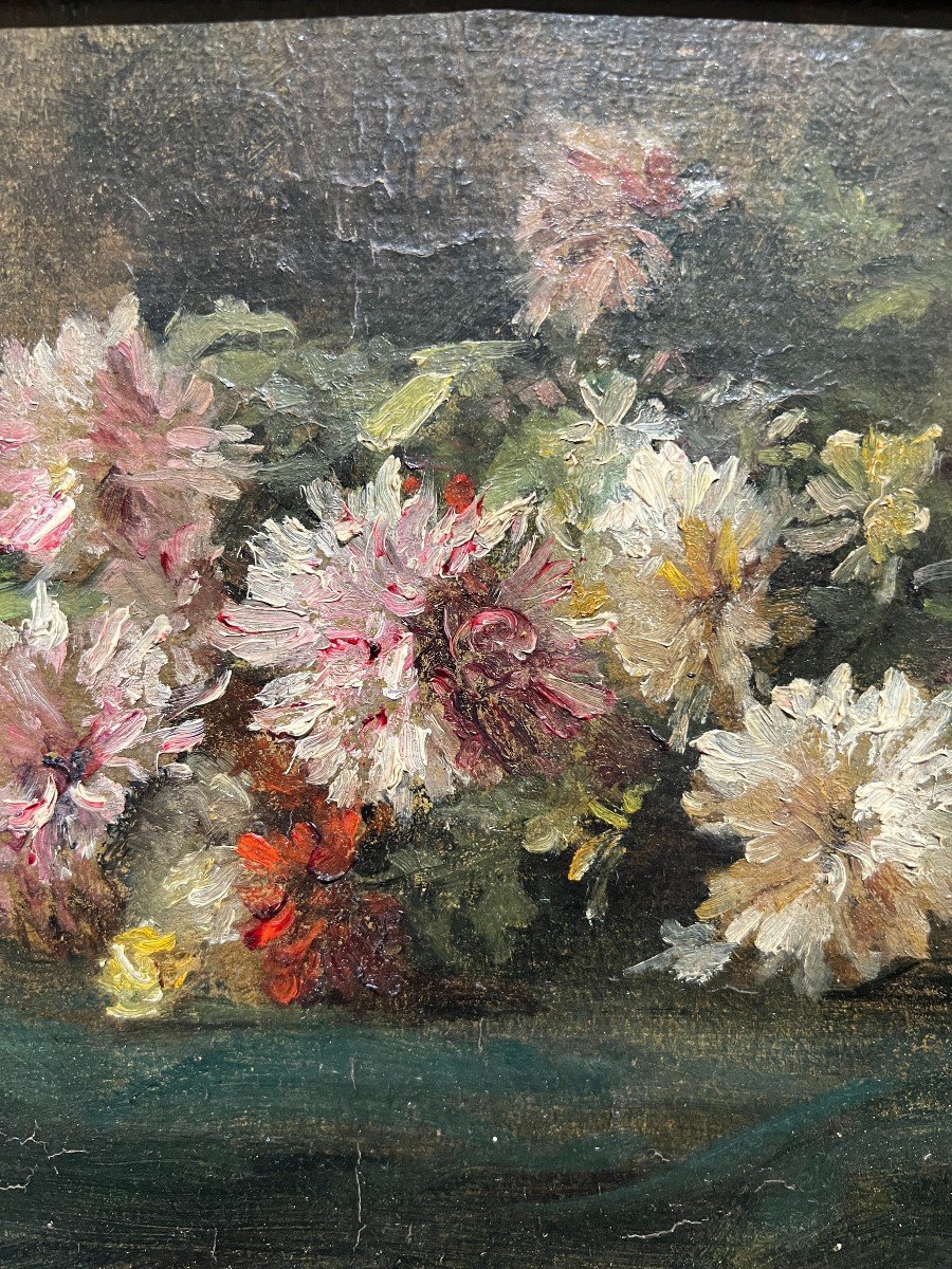 French School Around 1880 - Pier Of Dahlias - Oil On Paper Monogrammed Md?-photo-3