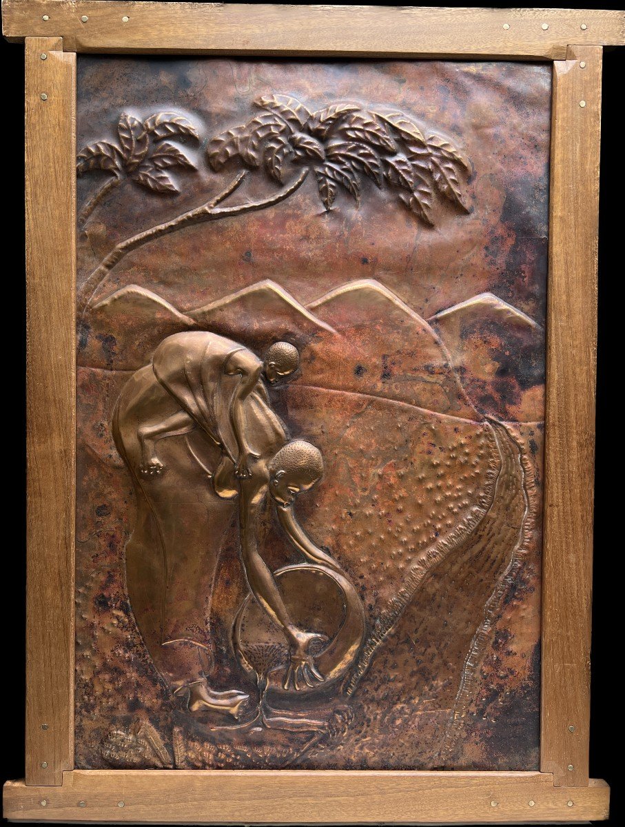 French School Of The 20th Century - Africanist Composition, Repoussé Copper - Dinanderie