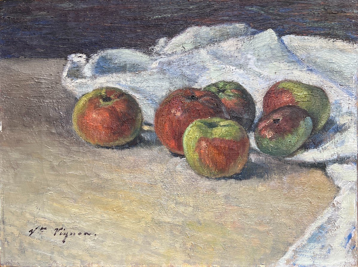 Victor Vignon (1847-1909) - Nature Morte Aux Pommes Et à La Nappe, Circa 1890-photo-2