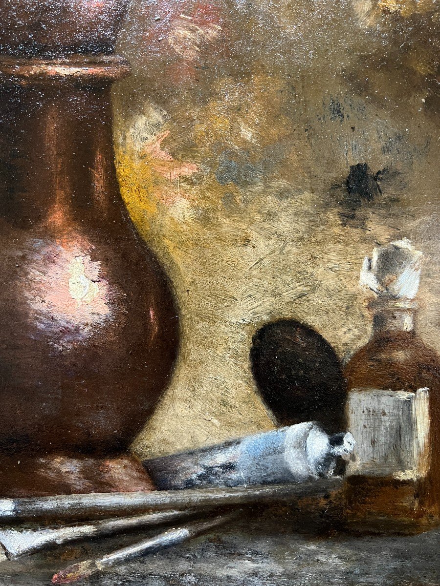 French Impressionist School - Palette, Tubes Of Colors And Brushes, Monogram Lb, 1890-photo-3