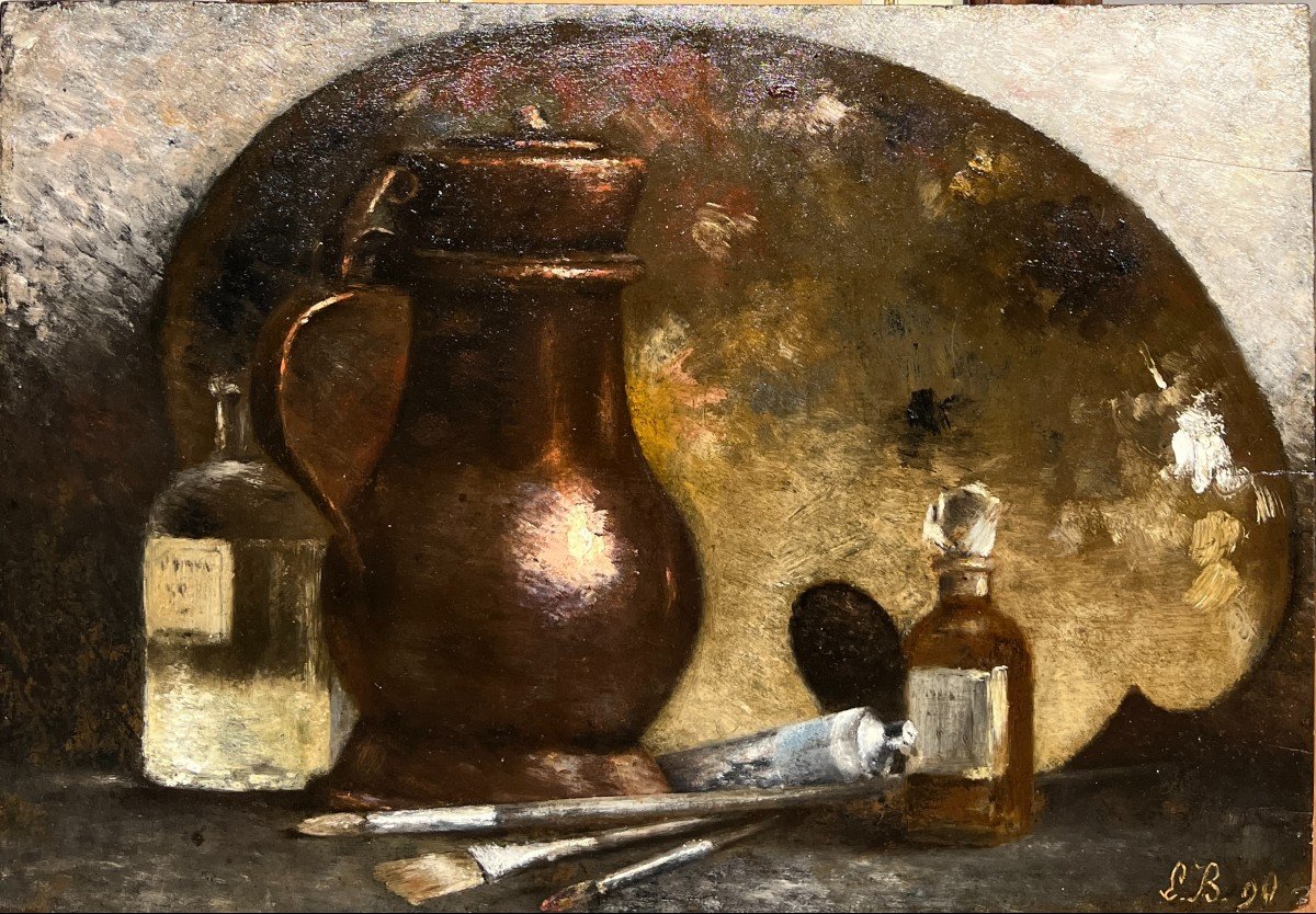 Ecole Française Impressionniste - Palette, Tubes De Couleurs Et Pinceaux, Monogramme Lb, 1890