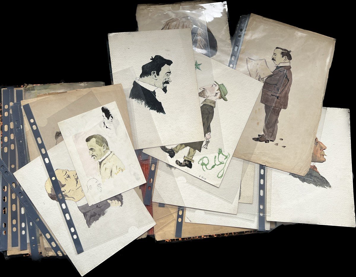 Ecole Fran&ccedil;aise Vers 1900 - Rare Ensemble De 15 Portraits &agrave; Charge / Caricatures 
