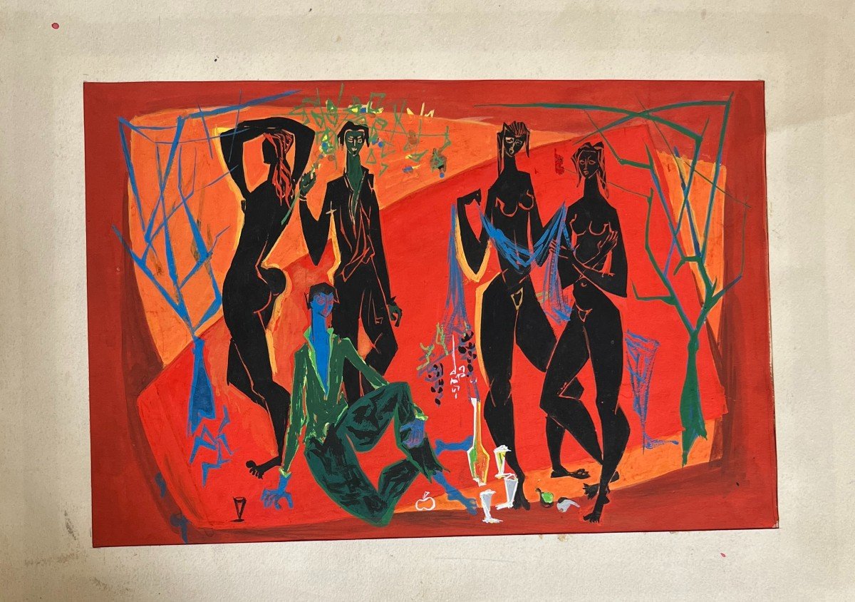 Maurice Alvo -  22 Gouaches - Projets Laques / Royère, Lurçat, Dunand Années 1950-photo-1