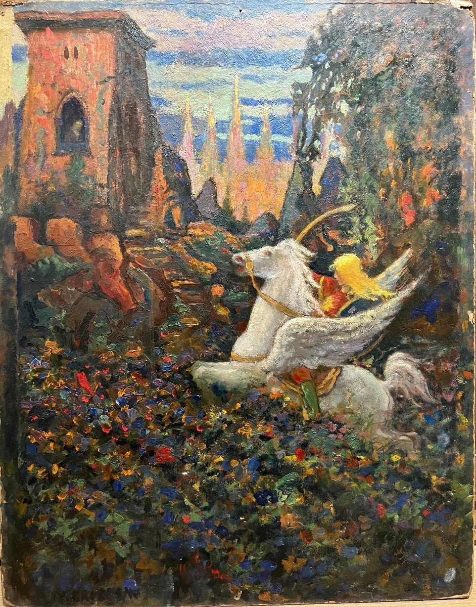 Symbolist School From The End Of The 19th Century - Bellerophon Mounting Pegasus, Signed
