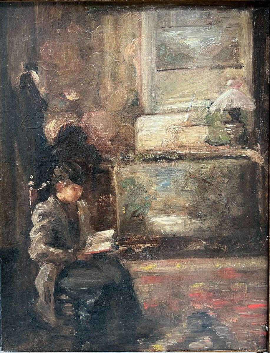 Ecole Française Du 19ème Siècle -entourage De Edouard Vuillard Interieur, Femme à La Lecture-photo-2