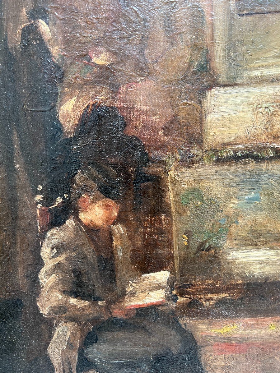 Ecole Française Du 19ème Siècle -entourage De Edouard Vuillard Interieur, Femme à La Lecture-photo-3