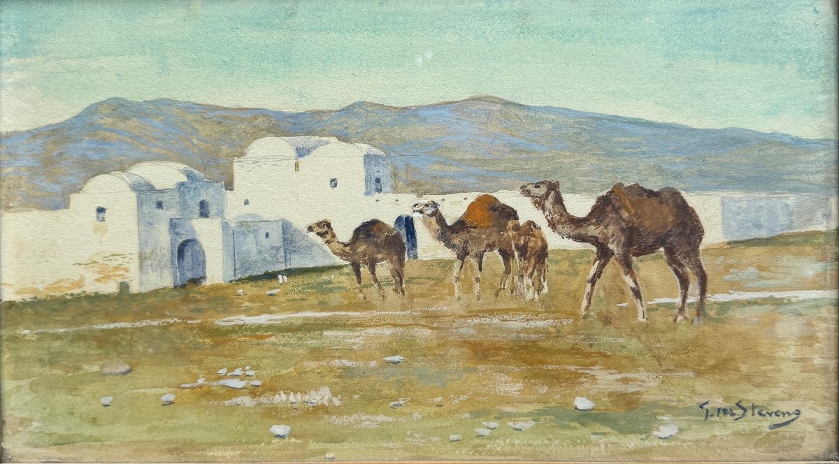 Gustave Max Stevens (1871-1946) - Paysage Orientalistes Aux Dromadaires, Circa 1900-photo-2