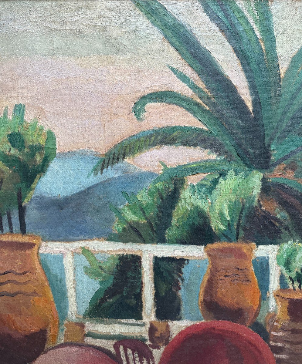 French Art Deco School Around 1930 - Terrace And Palm Trees-photo-2