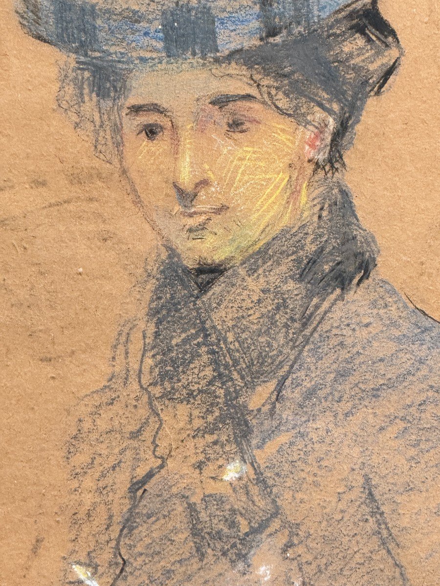 French Impressionist School - Portrait Of A Woman In A Hat, Circa 1880-photo-3