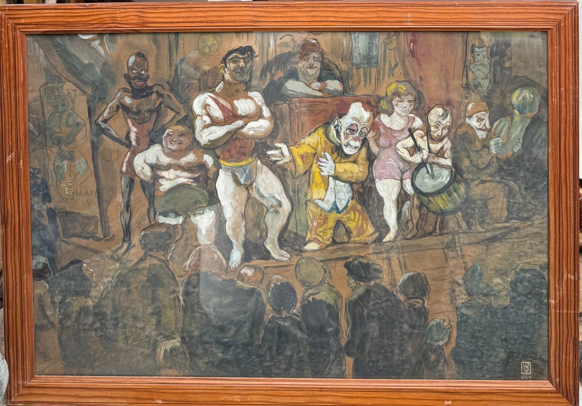 French School Of The Early 20th Century - Funfair, The Wrestlers, 1909 - Monogram Ww-photo-2