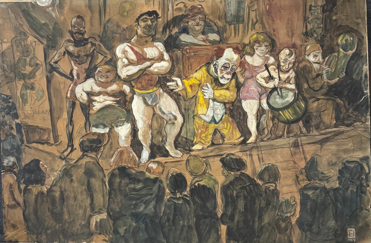 French School Of The Early 20th Century - Funfair, The Wrestlers, 1909 - Monogram Ww-photo-3