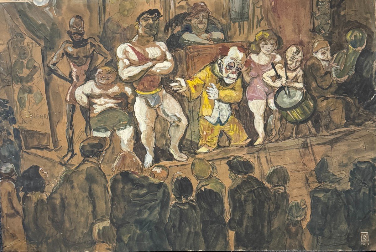 French School Of The Early 20th Century - Funfair, The Wrestlers, 1909 - Monogram Ww
