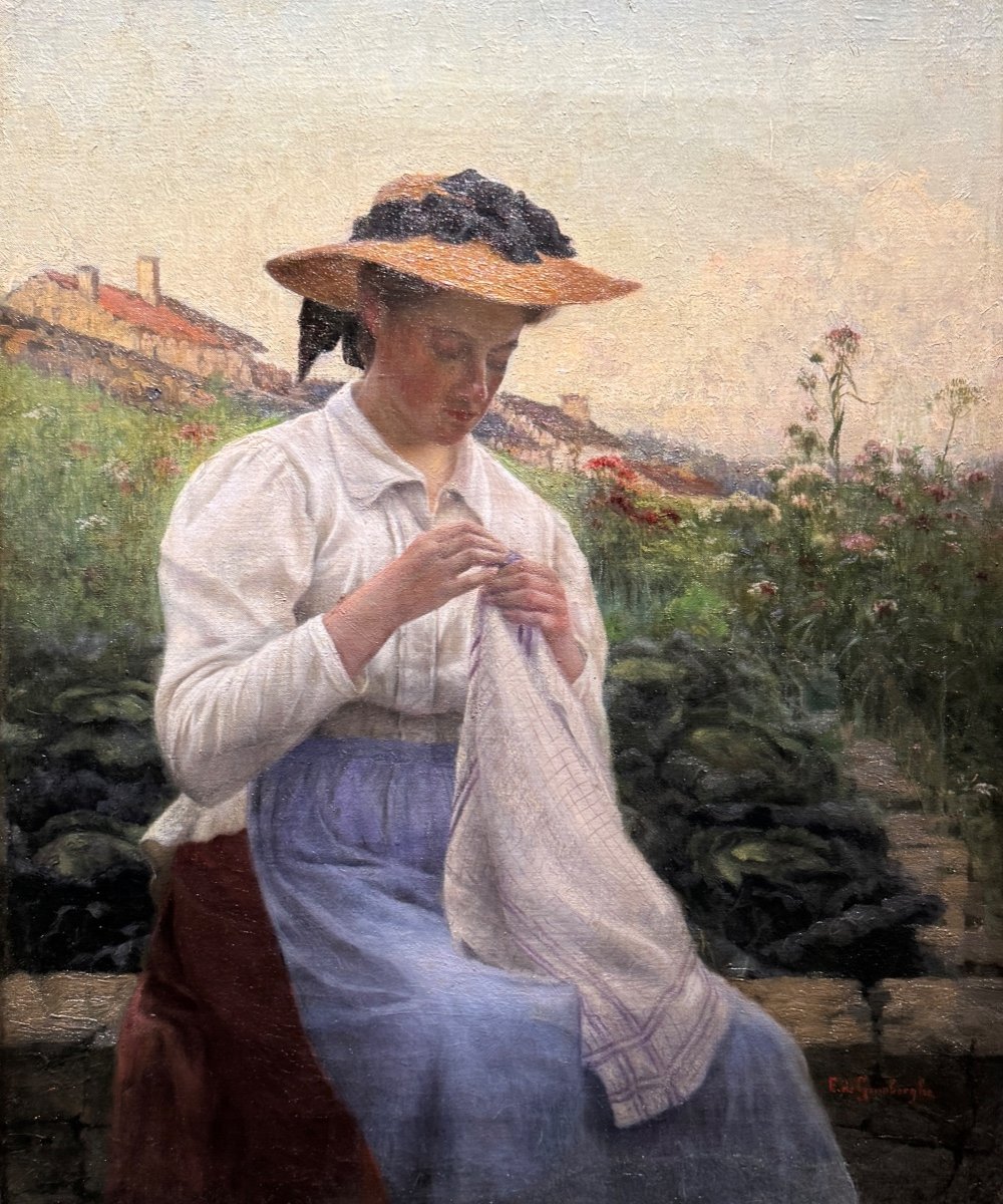 Edmond De Grimberghe (1865-1920) Femme &agrave; La Couture, Circa 1900-photo-4