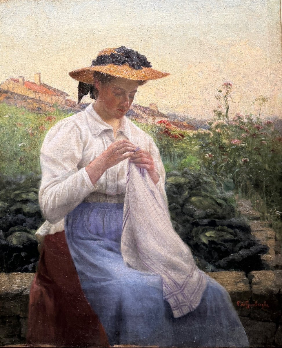Edmond De Grimberghe (1865-1920) Femme &agrave; La Couture, Circa 1900