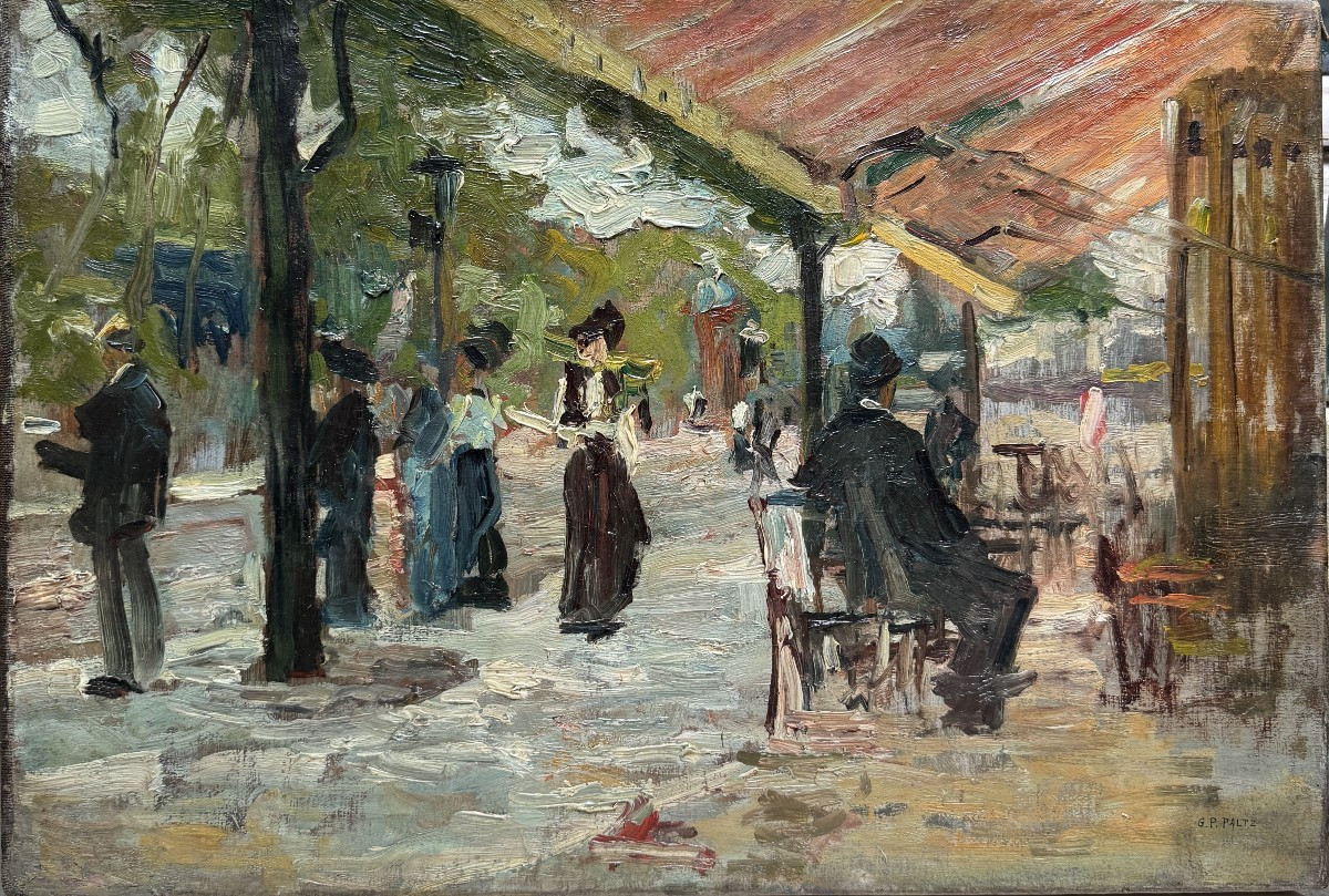 Pierre Gustave Paltz (1885-1921) - Paris, Lively Terrace On The Boulevards, Circa 1910