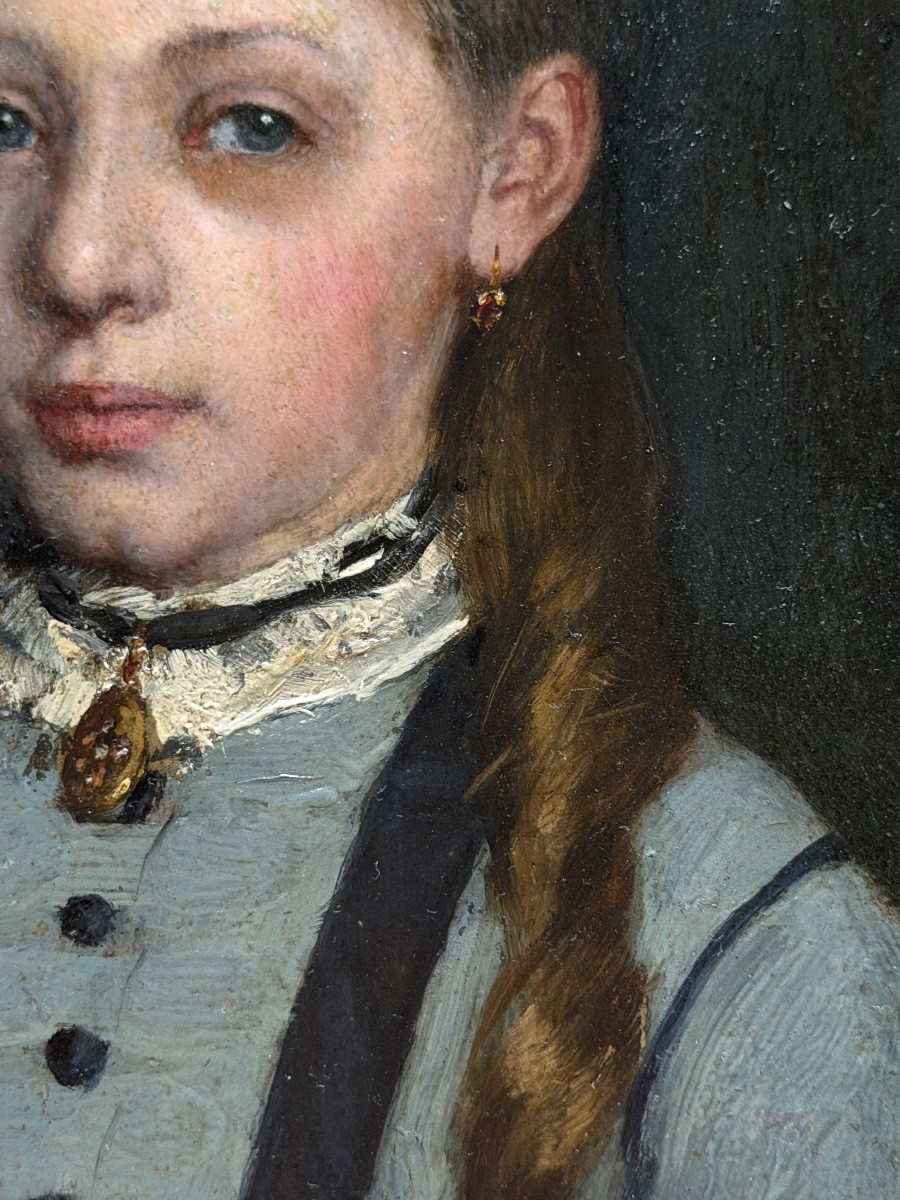 French Impressionist School - Portrait Of A Young Girl, Circa 1880 - Signed-photo-2