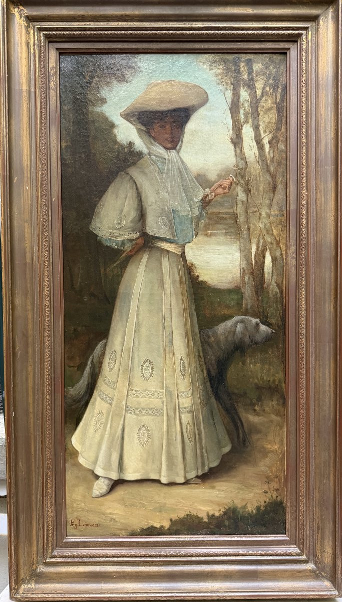 Frans Lauwers (1854-1931) - Elegant Woman With A Greyhound, Circa 1900-photo-2