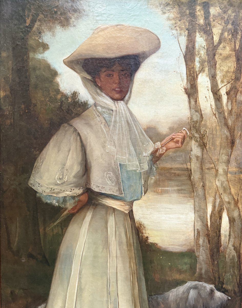 Frans Lauwers (1854-1931) - Elegant Woman With A Greyhound, Circa 1900-photo-3