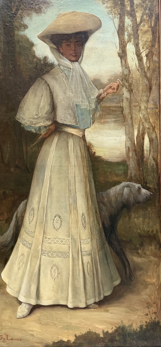 Frans Lauwers (1854-1931) - Elegant Woman With A Greyhound, Circa 1900