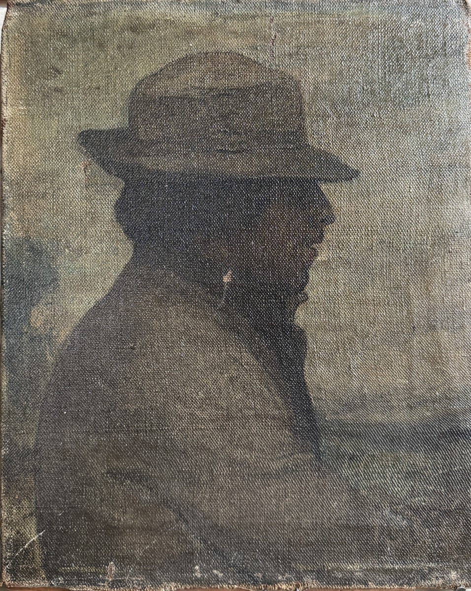 Ecole française ou belge du 19ème siècle - Portrait d'homme au chapeau / Insc sur chassis