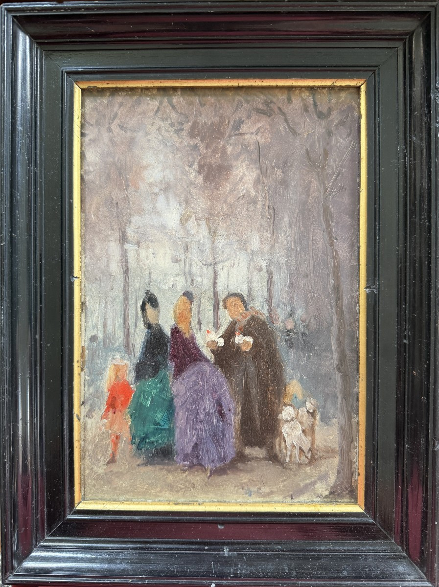 Ecole Française Impressionniste -Elégantes et enfant au jardin, circa 1890