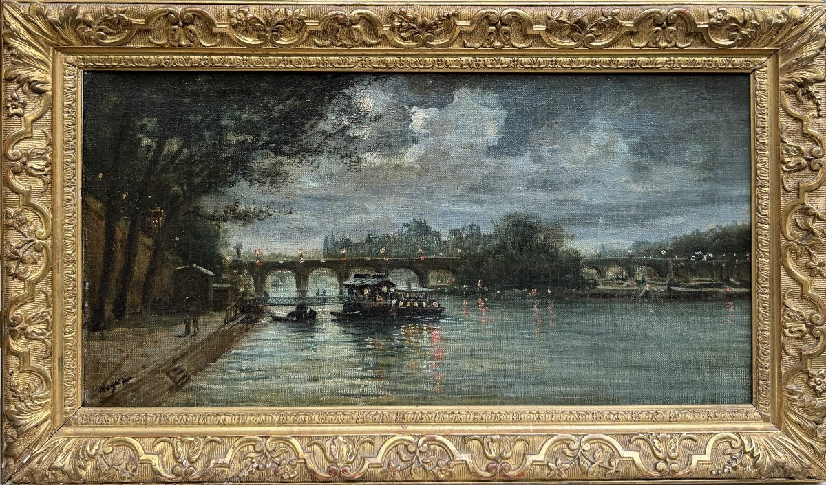 Ecole Française fin du 19ème siècle - Paris, Seine illuminée la nuit au Pont Marie, circa 1890-photo-2