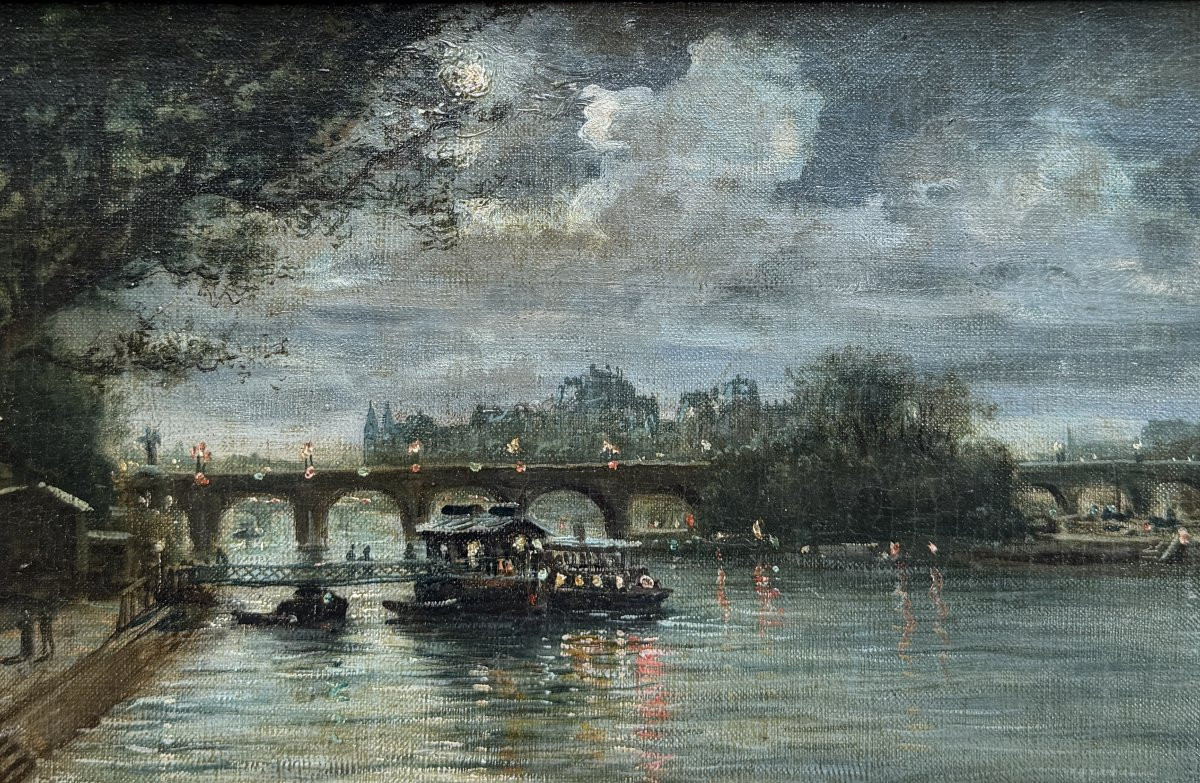 Ecole Française fin du 19ème siècle - Paris, Seine illuminée la nuit au Pont Marie, circa 1890-photo-3
