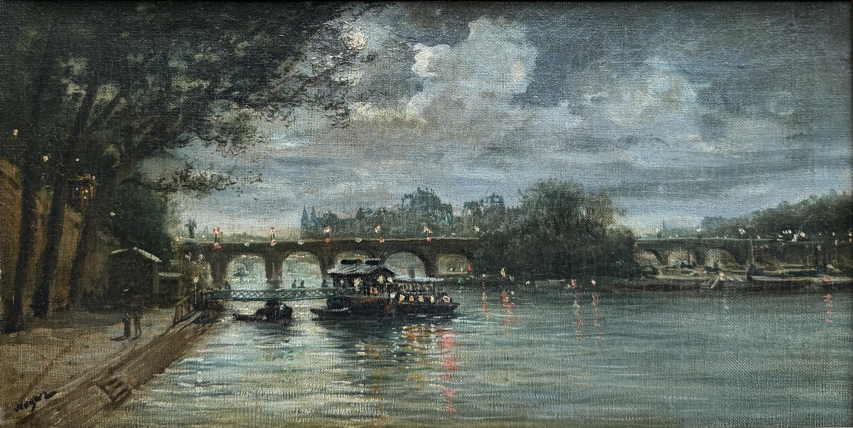 Ecole Française fin du 19ème siècle - Paris, Seine illuminée la nuit au Pont Marie, circa 1890