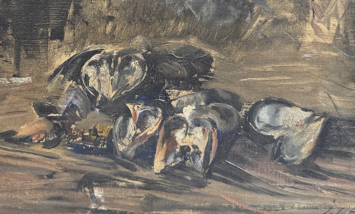 Ecole française impressionniste - Nature morte aux moules - Signé circa 1900-photo-2