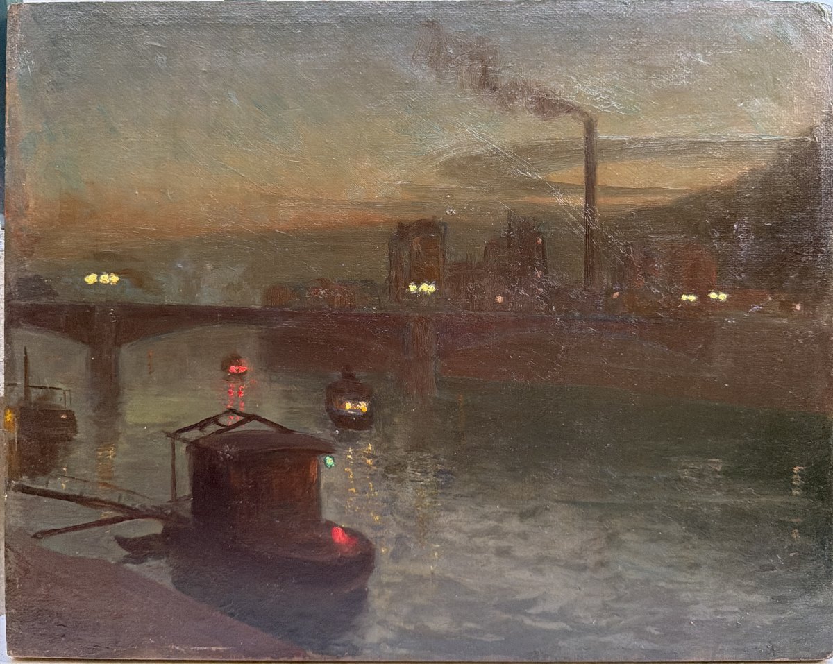Ecole française de la fin du 19ème - Paris,  Paysage industriel de nuit - Signé, circa 1890-photo-2