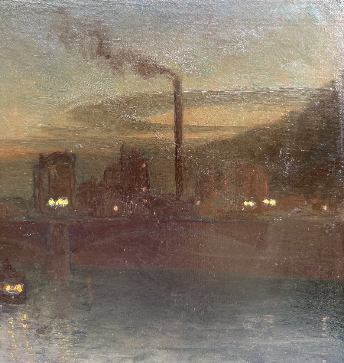 Ecole française de la fin du 19ème - Paris,  Paysage industriel de nuit - Signé, circa 1890-photo-3