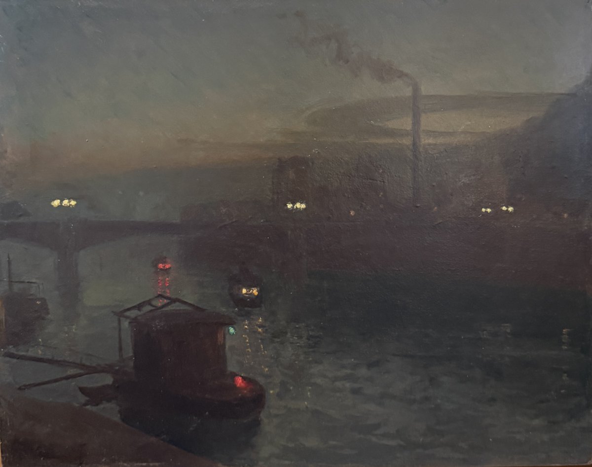 Ecole française de la fin du 19ème - Paris,  Paysage industriel de nuit - Signé, circa 1890