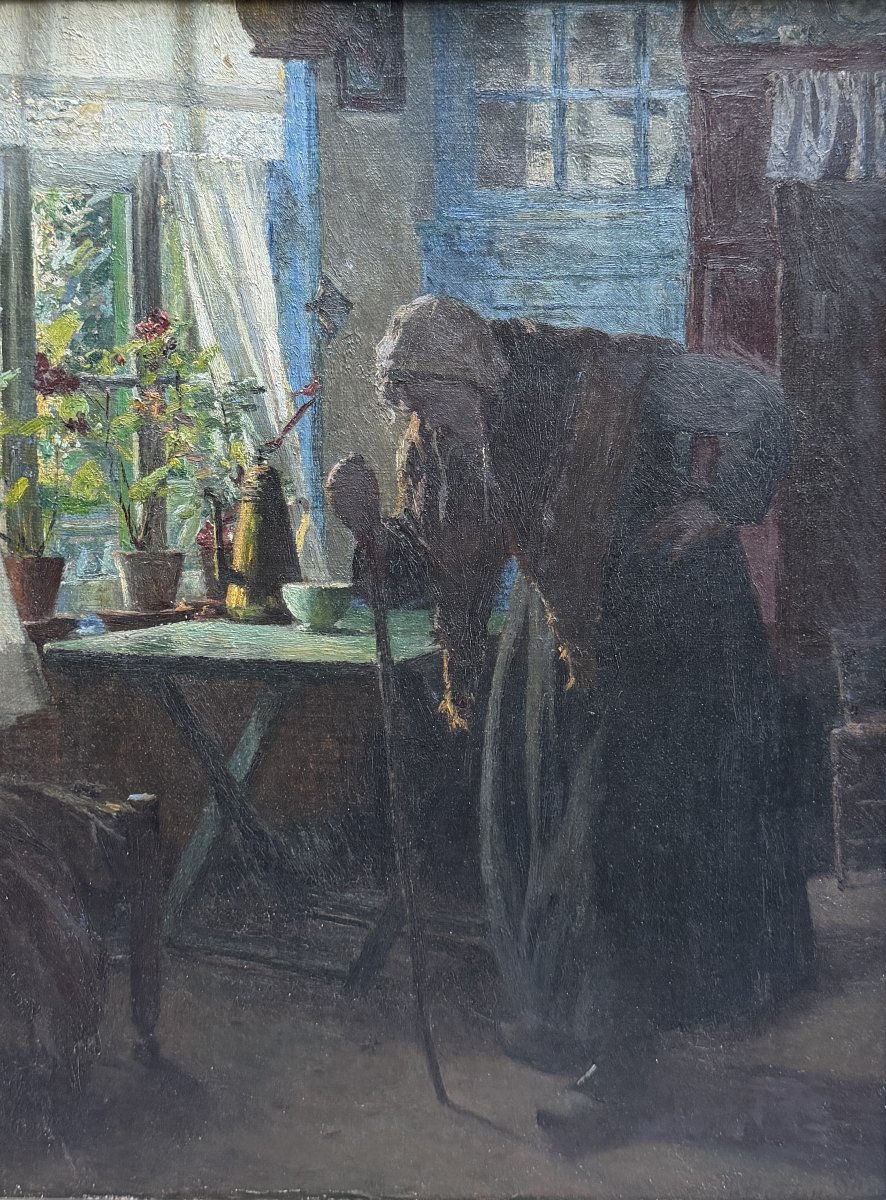 Ecole française de la fin du 19ème siècle - Bretonne dans son intérieur, circa 1900-photo-2