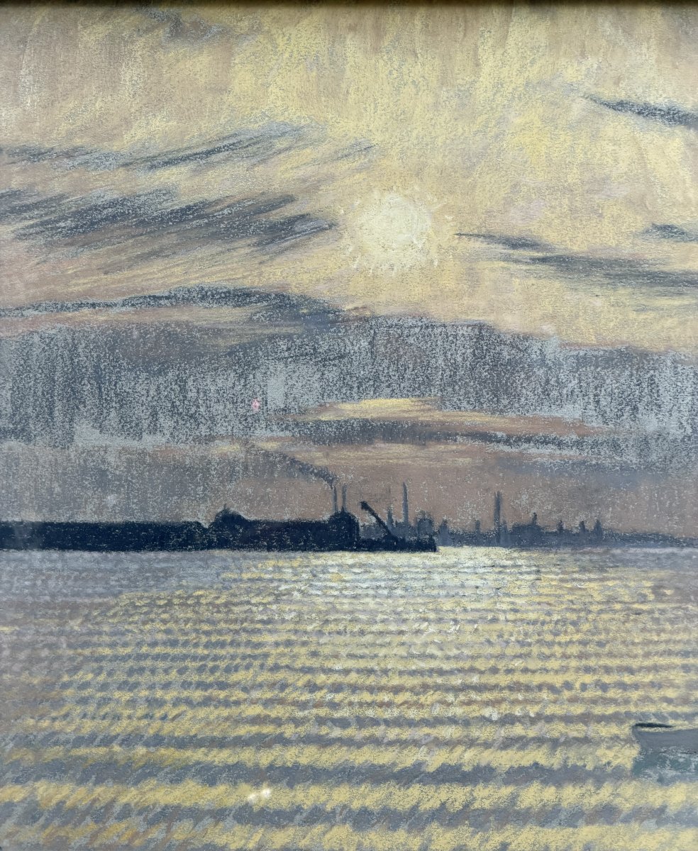 William Henry INNES (1905-1999) - Coucher de soleil sur un port industriel, circa 1930-photo-3