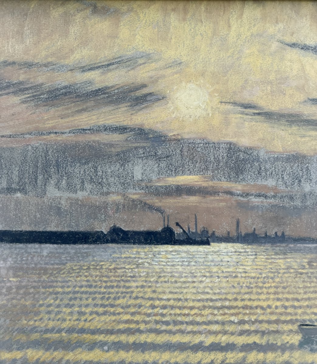 William Henry INNES (1905-1999) - Coucher de soleil sur un port industriel, circa 1930-photo-4